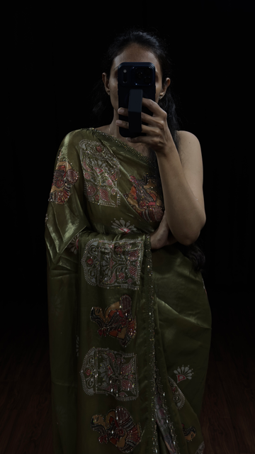 Olive Green Swarovski Work Designer Saree