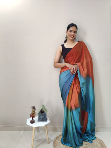 Rust Orange, Teal Blue, And Olive Green Shades Chiffon Viscose ombre design Ready To Wear Saree With Unstitched Blouse