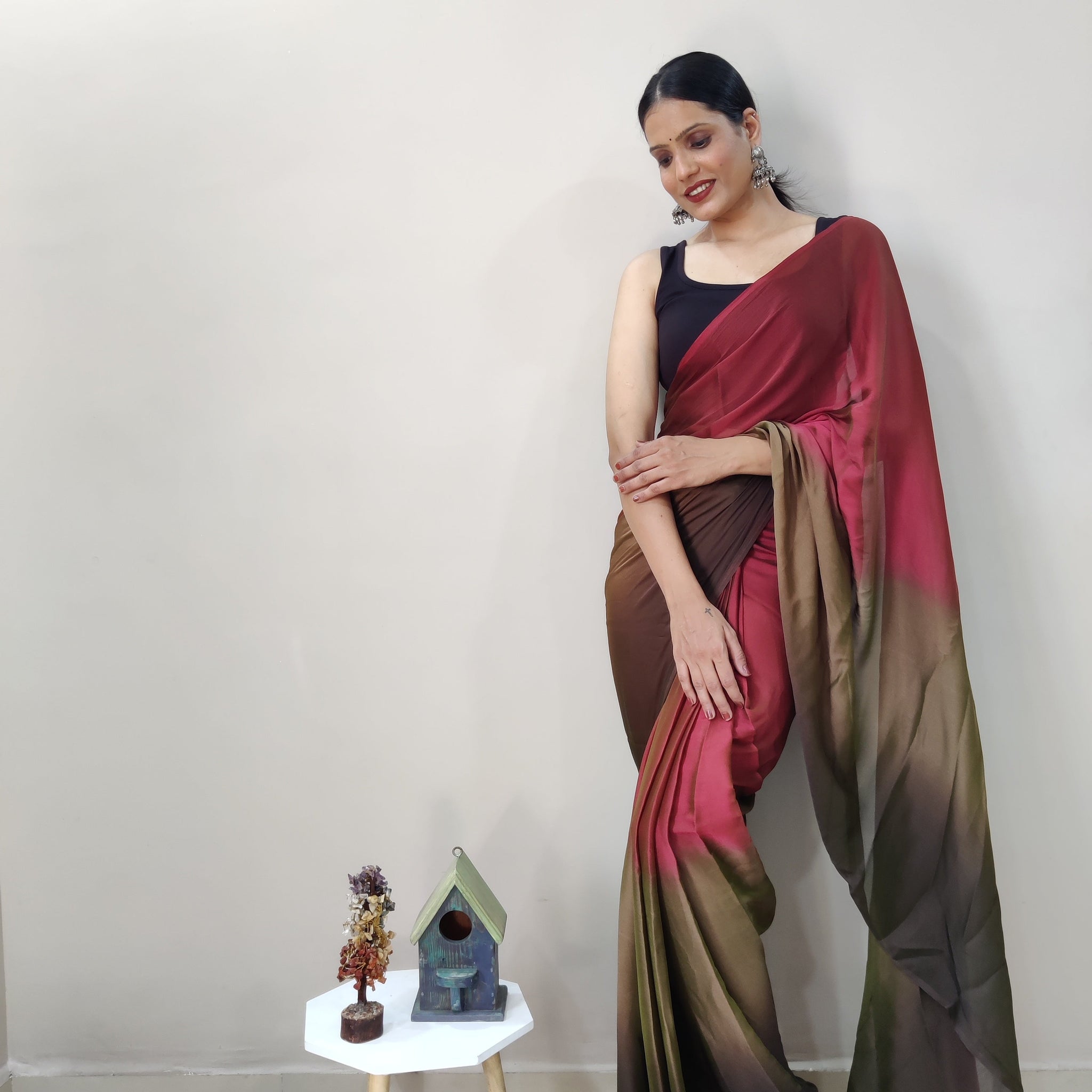Maroon, Olive Green, And Brown Tones Chiffon Viscose ombre design Ready To Wear Saree With Unstitched Blouse