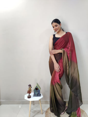 Maroon, Olive Green, And Brown Tones Chiffon Viscose ombre design Ready To Wear Saree With Unstitched Blouse