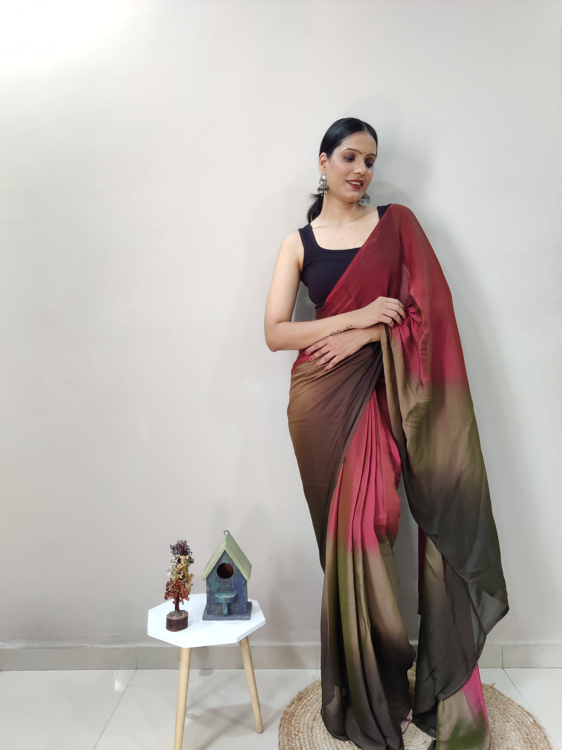 Maroon, Olive Green, And Brown Tones Chiffon Viscose ombre design Ready To Wear Saree With Unstitched Blouse