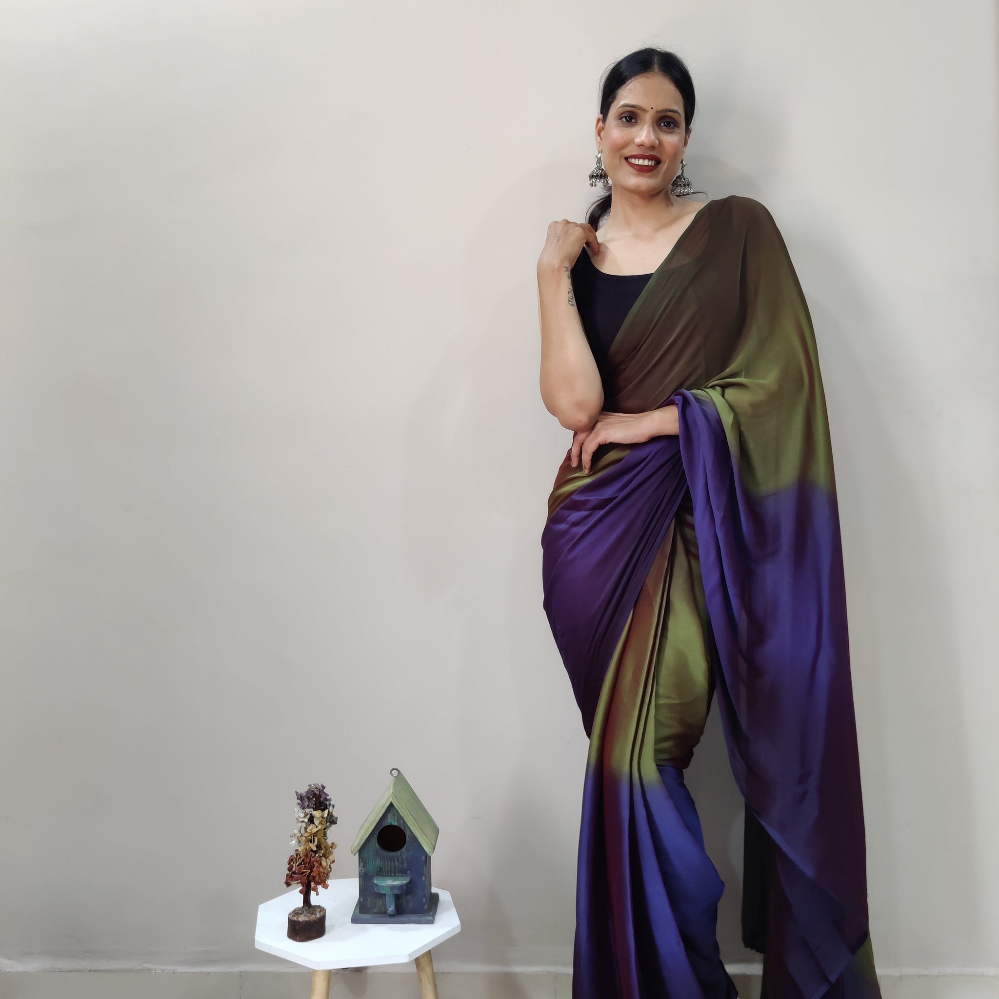 Olive Green, Violet, And Deep Purple Tones Chiffon Viscose ombre design Ready To Wear Saree With Unstitched Blouse