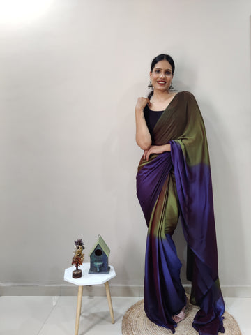 Olive Green, Violet, And Deep Purple Tones Chiffon Viscose ombre design Ready To Wear Saree With Unstitched Blouse