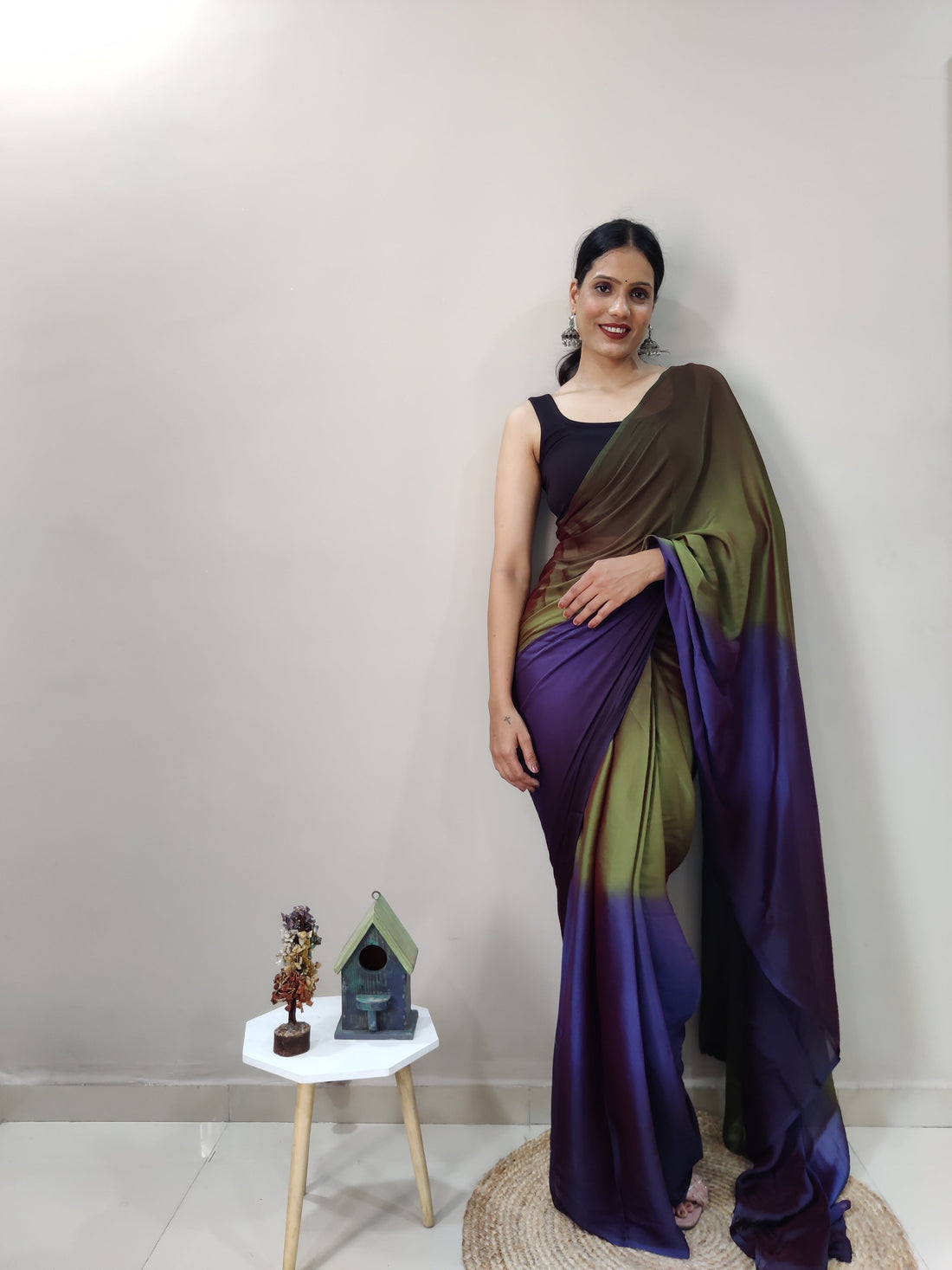 Olive Green, Violet, And Deep Purple Tones Chiffon Viscose ombre design Ready To Wear Saree With Unstitched Blouse