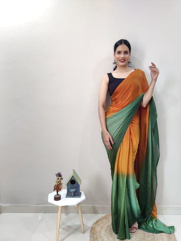 Mustard Yellow And Green Tones Chiffon Viscose ombre design Ready To Wear Saree With Unstitched Blouse