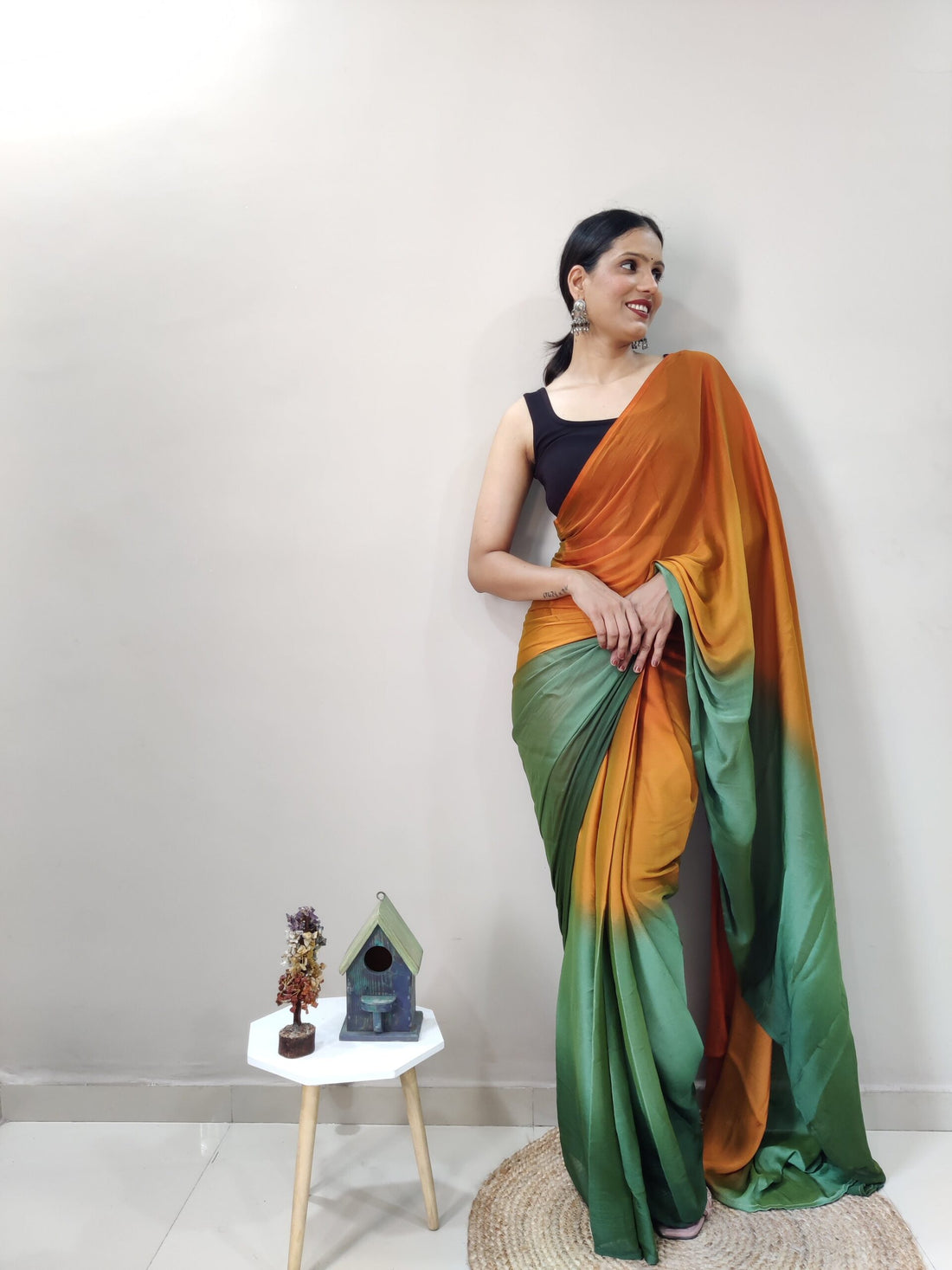 Mustard Yellow And Green Tones Chiffon Viscose ombre design Ready To Wear Saree With Unstitched Blouse