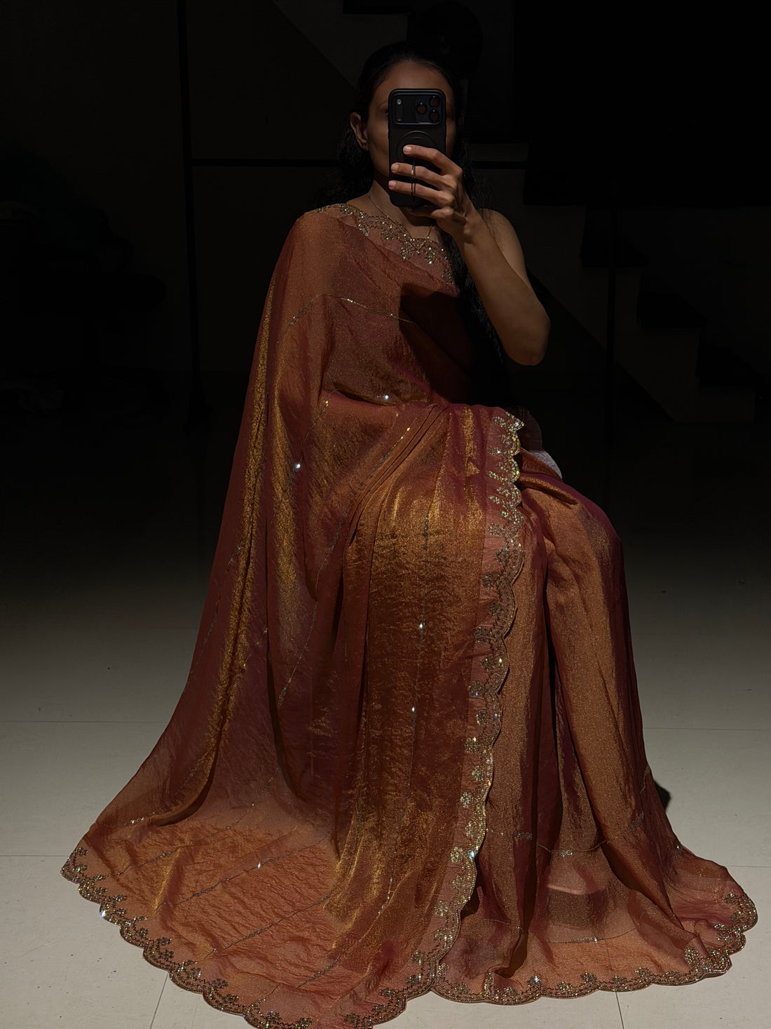 Aurelia Copper Brown Swarovski Designer Saree