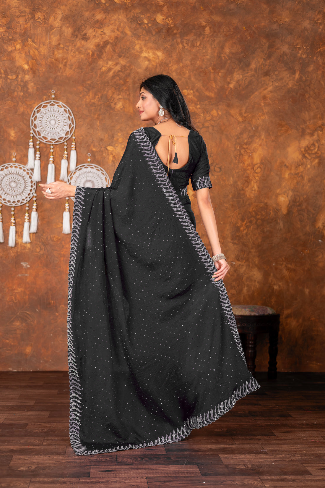Black Chinon Saree with All Over Swarovski Crystal Detailing