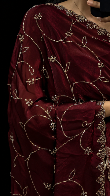 Maroon Fendy Satin Silk Saree with Swarovski Work