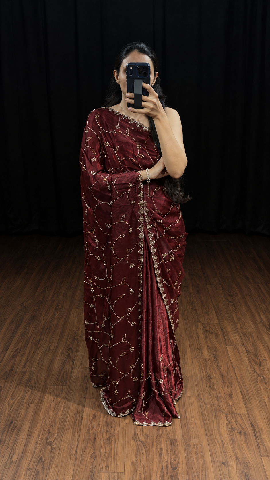 Maroon Fendy Satin Silk Saree with Swarovski Work