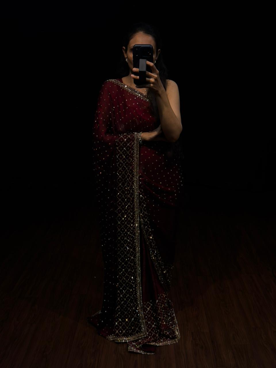 Aaira Maroon Wine Swarovski Designer Saree