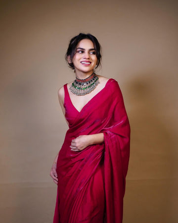 Premium Rani Pink Fendy Chiffon Ready to Wear Saree with Unstitched Blouse