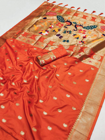 Woebegone Orange Paithani Silk Saree With Staggering Blouse Piece