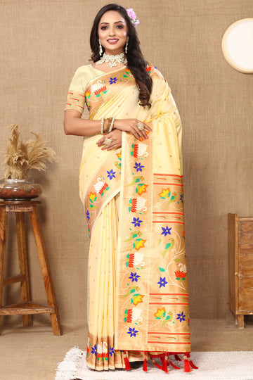 Wonderful Beige Paithani Silk Saree With Classy Blouse Piece
