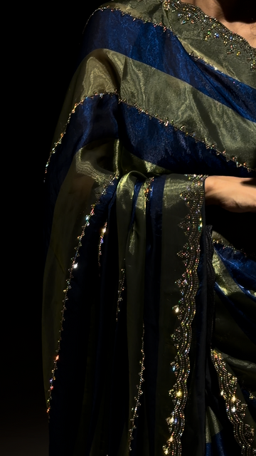 Nazam Olive Green & Blue Fendy Satin Saree