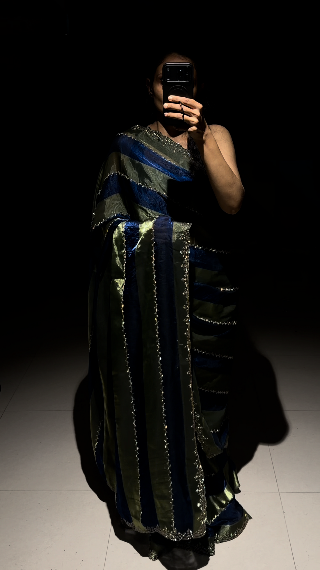 Nazam Olive Green & Blue Fendy Satin Saree