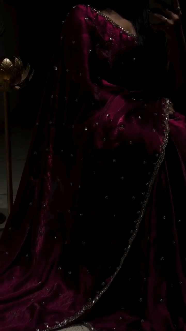 Maroon Wine Saree with Cutdana, Sequence & Zari Work with unstitched blouse