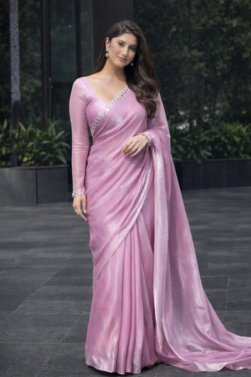Signature Onion Pink Fendy Satin Ready to Wear Saree with Unstitched Blouse