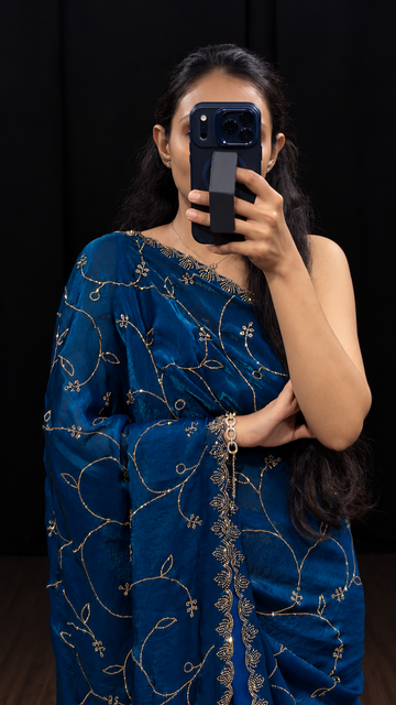 Peacock Blue Fendy Satin Silk Saree with Swarovski Work