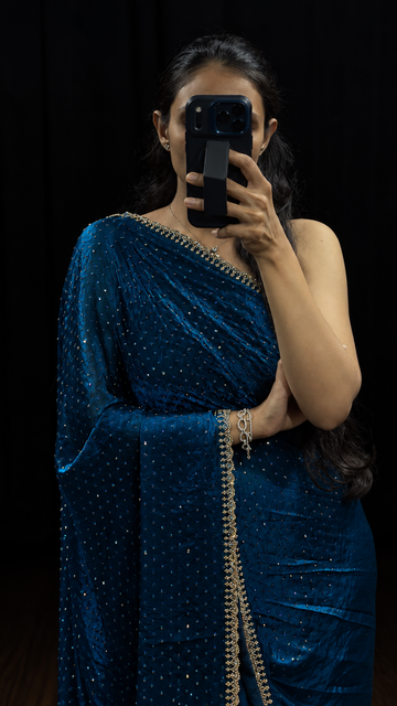 Peacock Blue Satin Silk Swarovski Saree