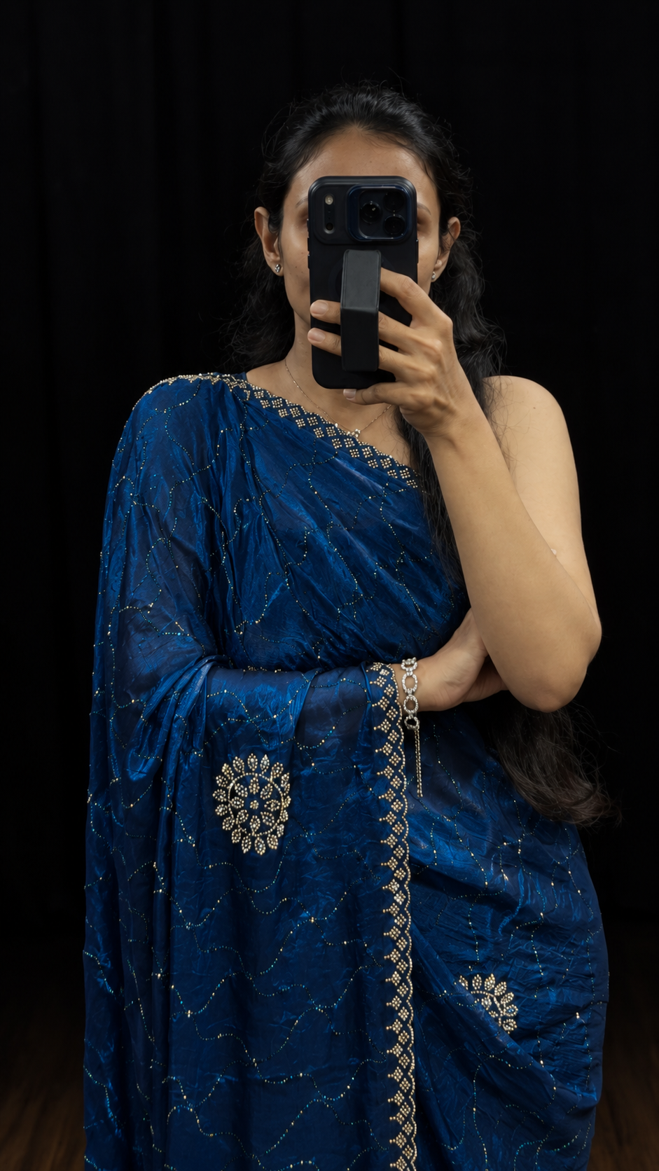 Peacock Blue Swarovski Satin Silk Designer Saree