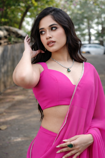 Hot Pink Elegant Plain Georgette Saree with Silver Border