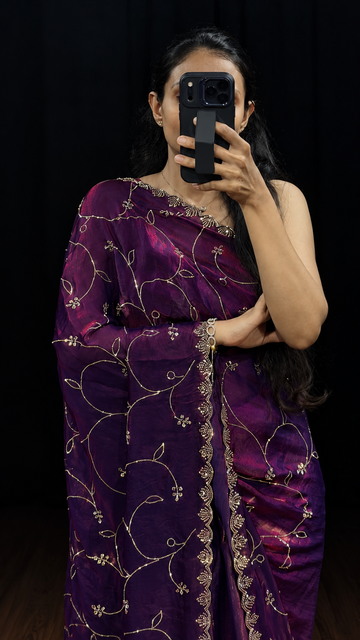 Pop Purple Satin Silk Saree with Swarovski Work