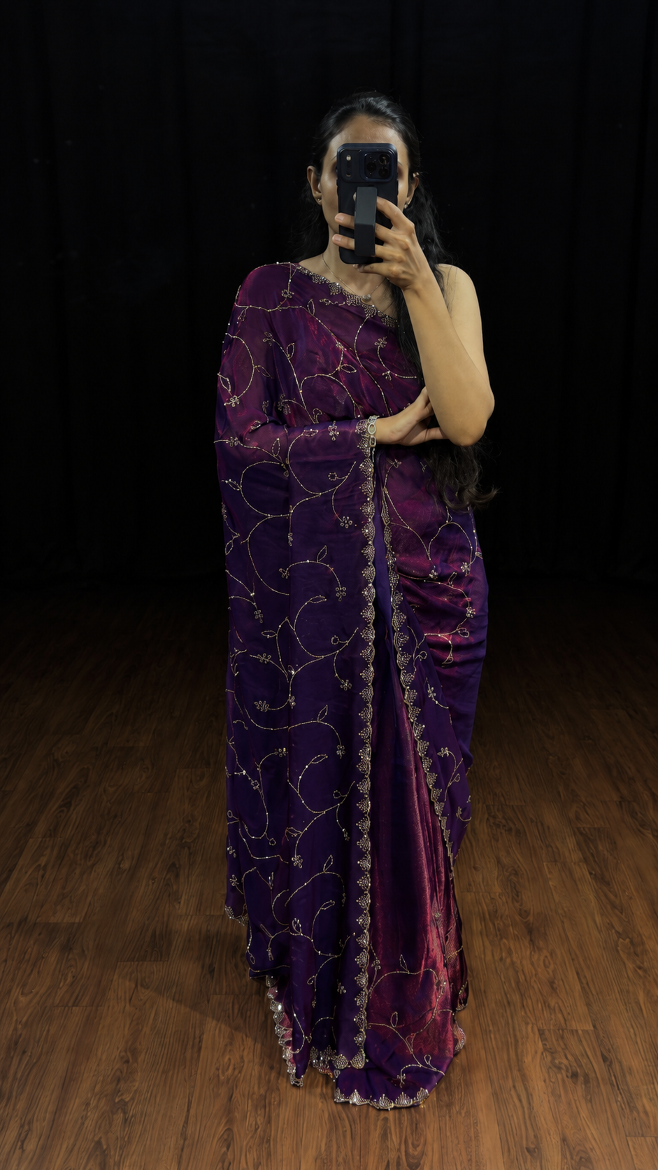 Pop Purple Satin Silk Saree with Swarovski Work