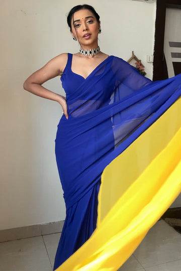 Amazing 1 Minute Ready To Wear Blue And Yellow Georgette Saree