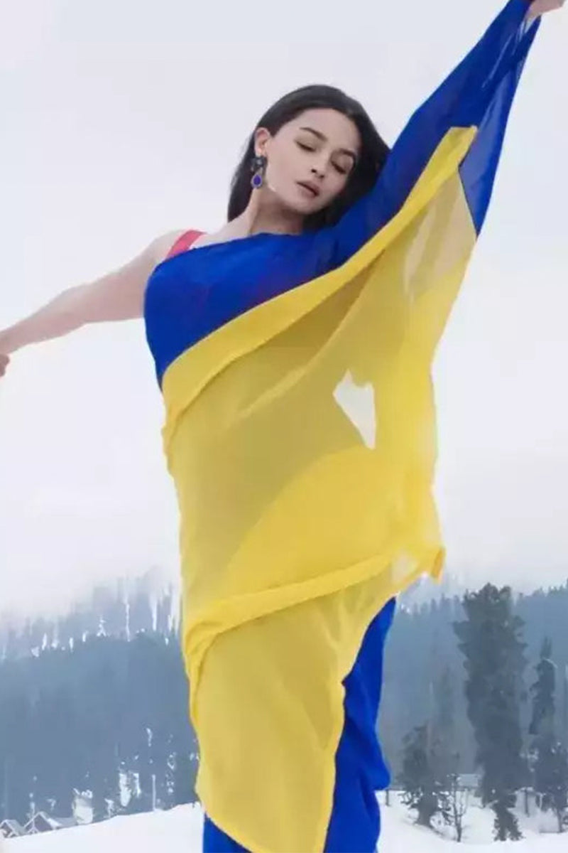 Amazing 1 Minute Ready To Wear Blue And Yellow Georgette Saree