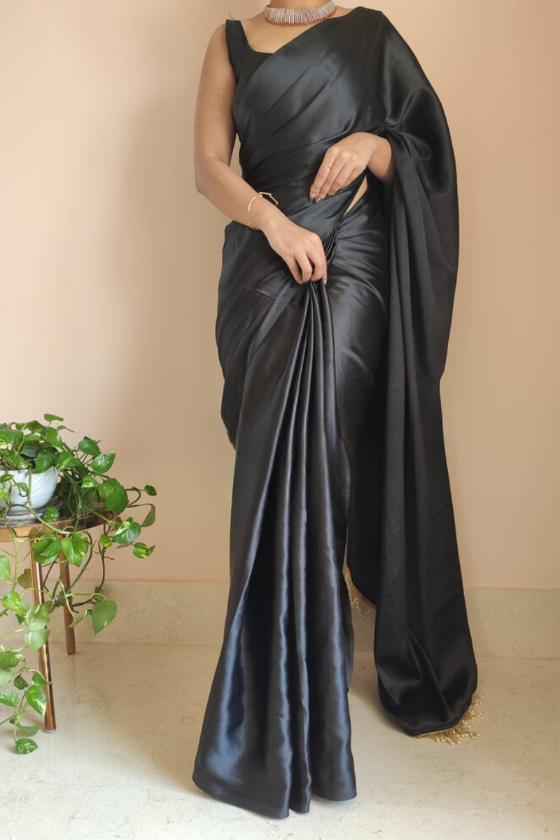 Amazing 1 Minute Ready To Wear Black Satin Silk Saree