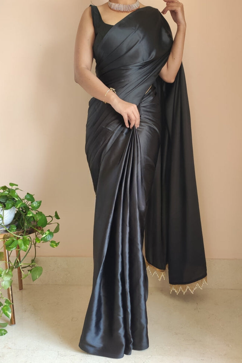 Amazing 1 Minute Ready To Wear Black Satin Silk Saree