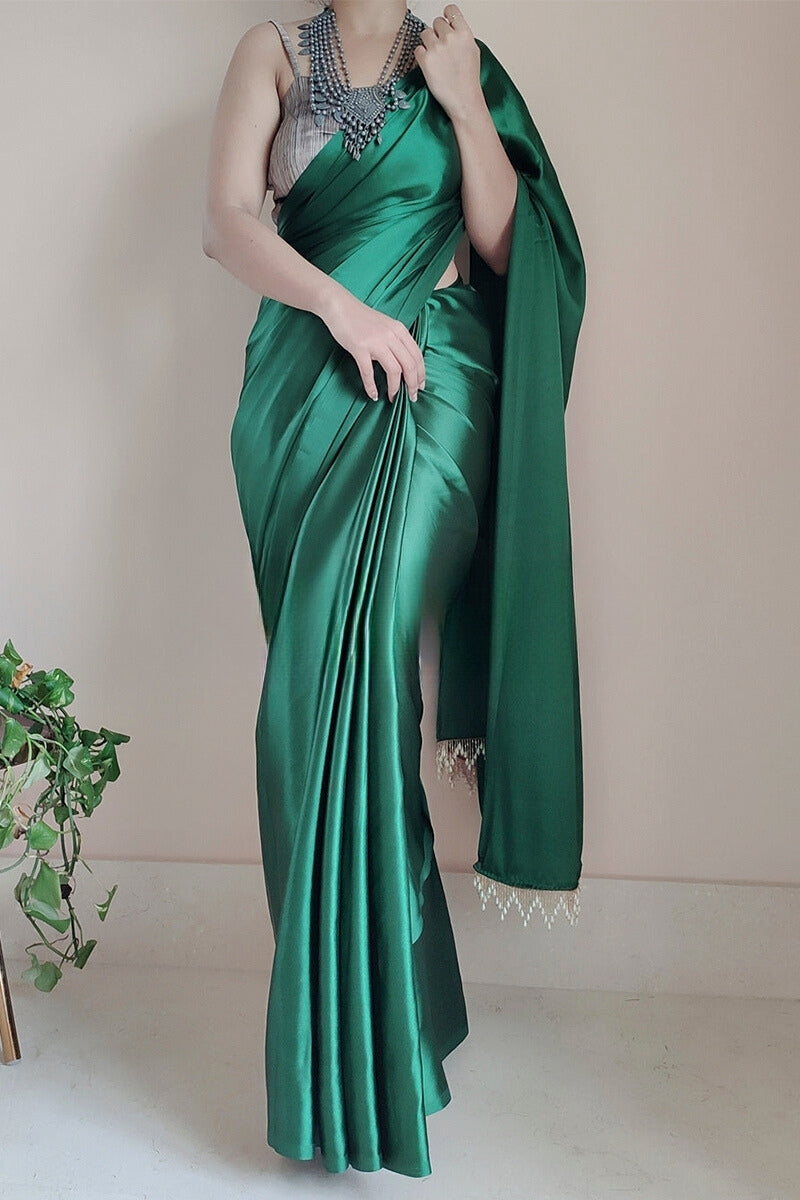 Adoring 1 Minute Ready To Wear Forest Green Satin Silk Saree