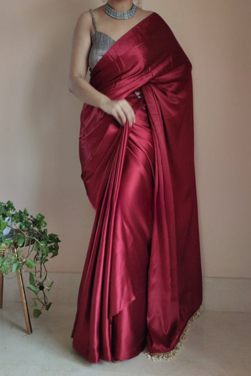 Ailurophile 1 Minute Ready To Wear Maroon Satin Silk Saree