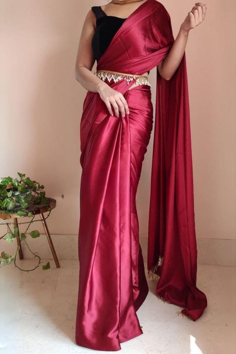 Ailurophile 1 Minute Ready To Wear Maroon Satin Silk Saree