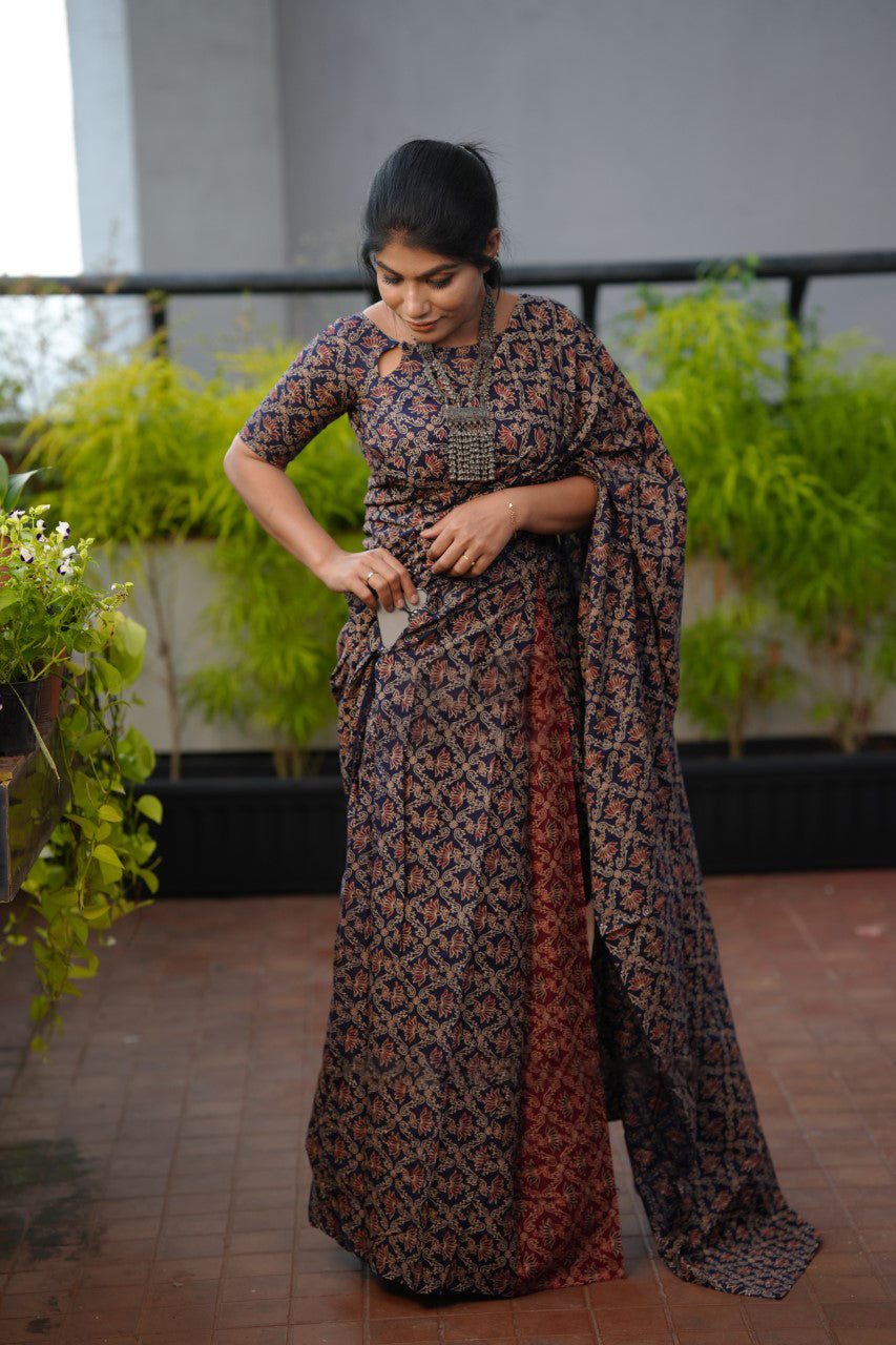 Admirable 1 Minute Ready To Wear Navy Blue Mul Cotton Digital Printed Saree With Pocket