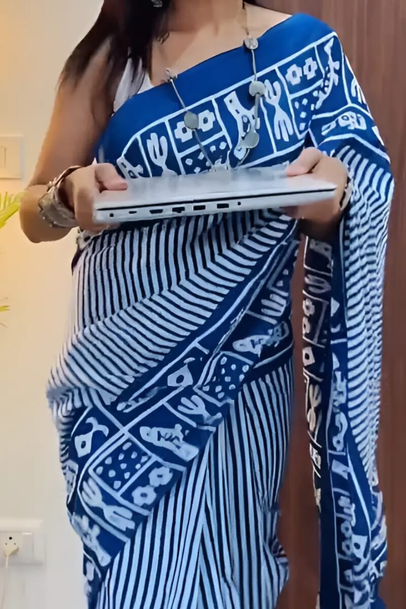 Assemblage 1 Minute Ready To Wear Blue Mul Cotton Digital Printed Saree