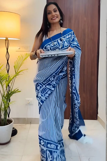 Assemblage 1 Minute Ready To Wear Blue Mul Cotton Digital Printed Saree
