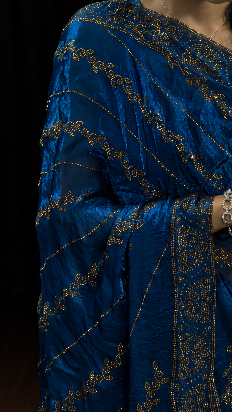 Royal Blue Swarovski Satin Silk Designer Saree
