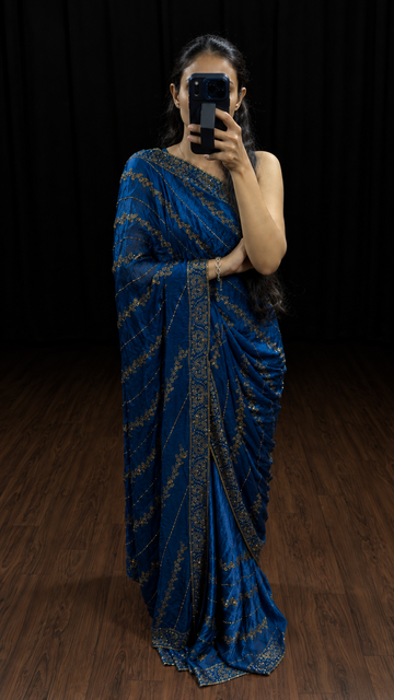 Royal Blue Swarovski Satin Silk Designer Saree