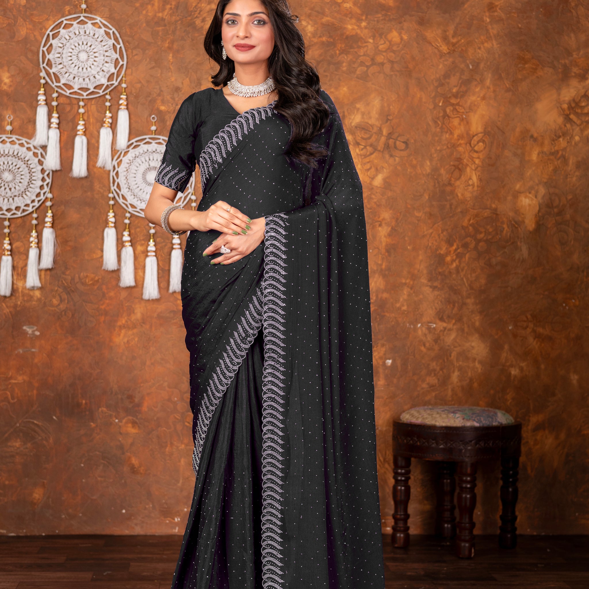 Black Chinon Saree with All Over Swarovski Crystal Detailing