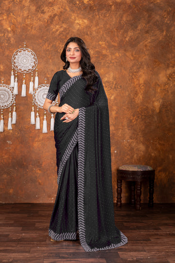 Black Chinon Saree with All Over Swarovski Crystal Detailing