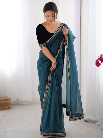 Designer Teal Blue Tweel Net Silk Party Wear Saree with Unstitched Blouse