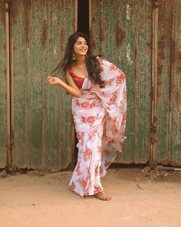 Ready To Wear White Georgette Saree with Red Floral Print - Elegant & Effortless