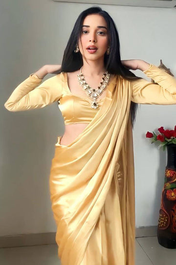 Adorning 1 Minute Ready To Wear Beige Satin Silk Saree