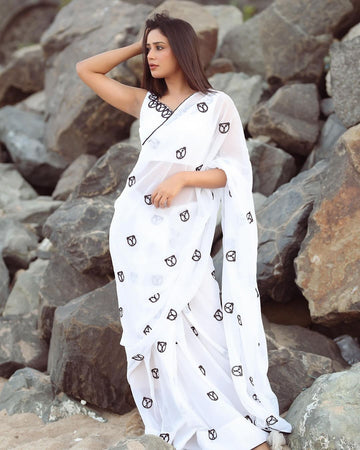 Adorning 1 Minute Ready To Wear White Georgette Saree