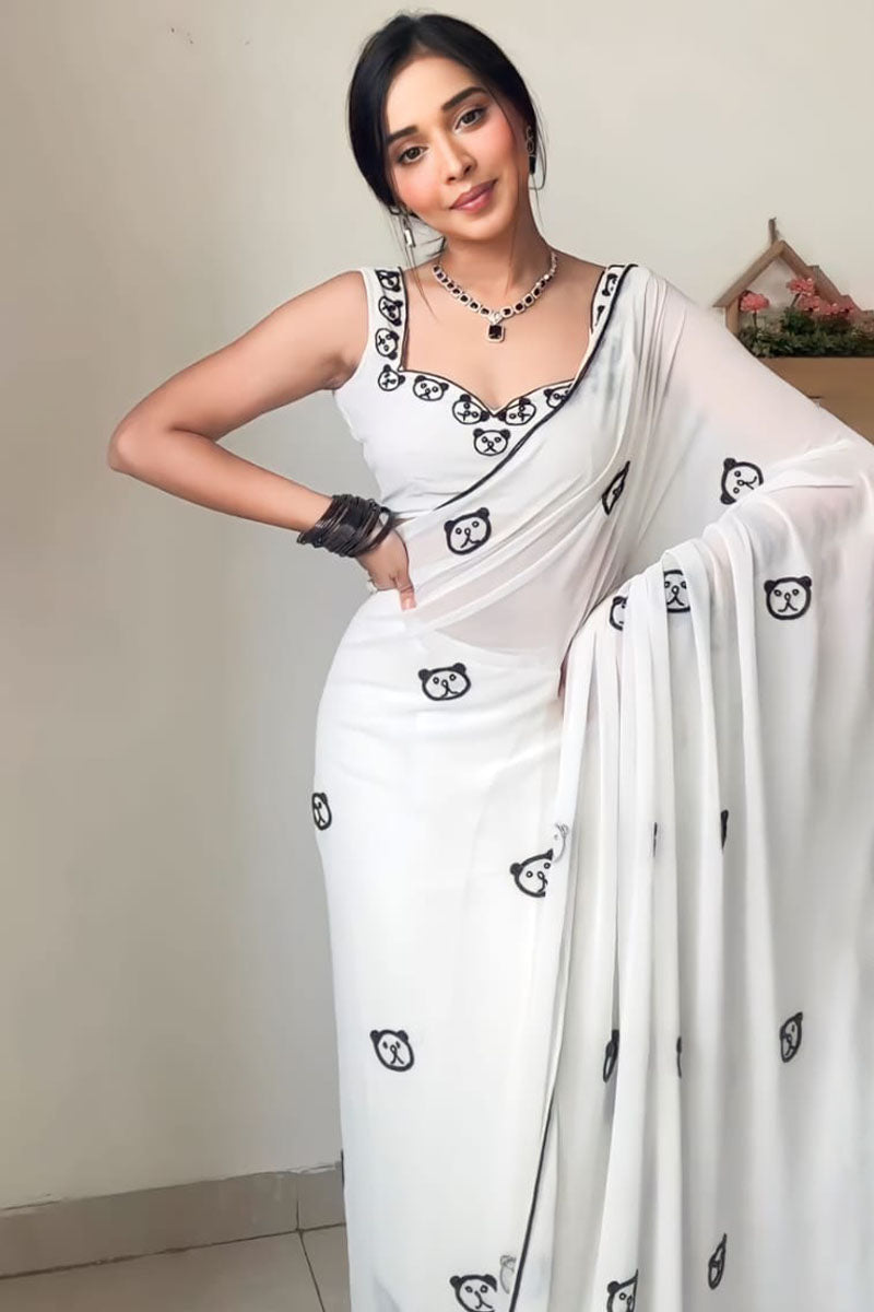Devastating 1 Minute Ready To Wear White Georgette Saree
