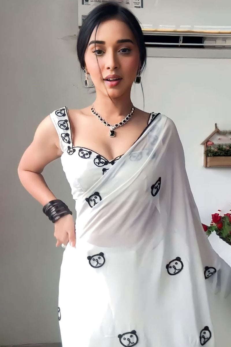 Devastating 1 Minute Ready To Wear White Georgette Saree