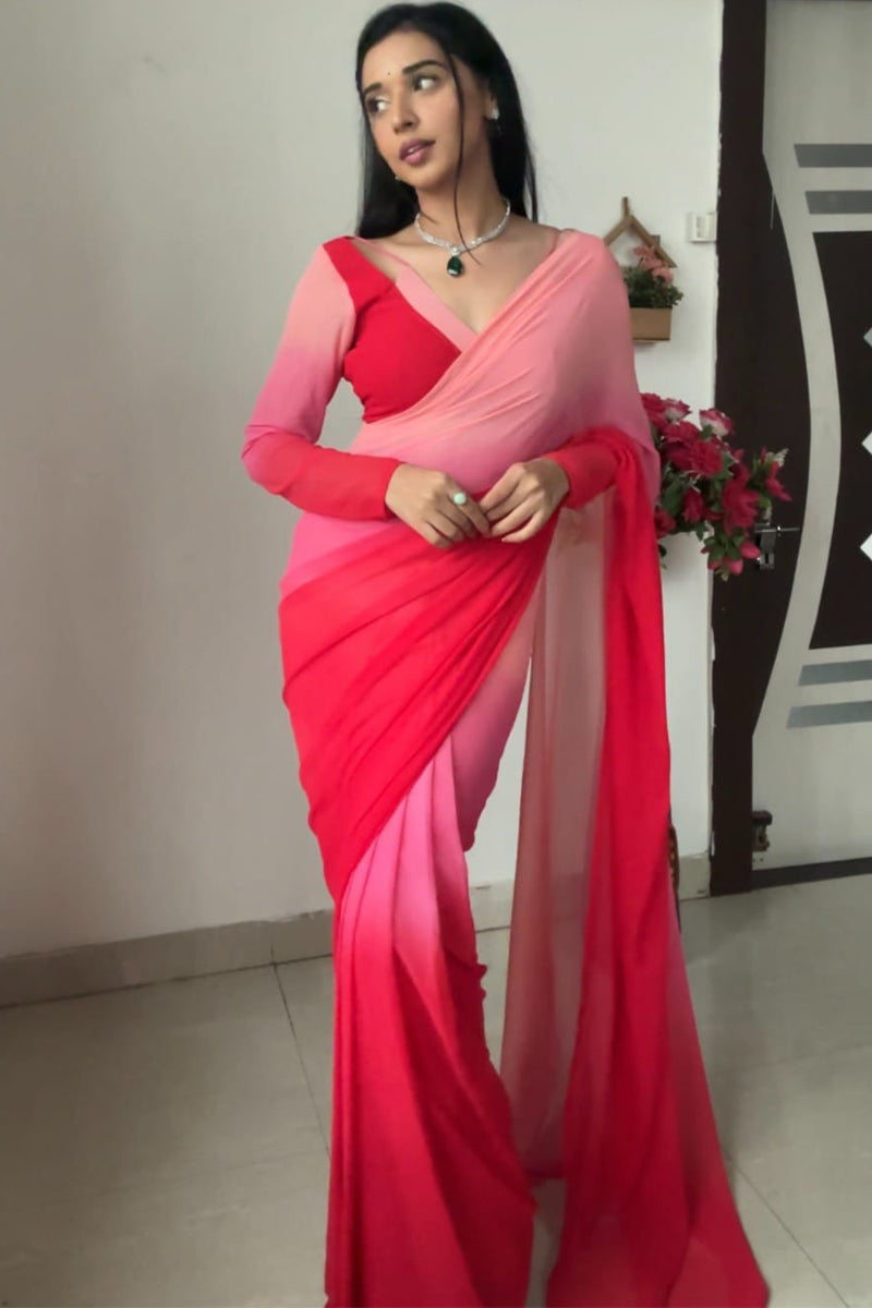 Allure 1 Minute Ready To Wear Red and Baby Pink Georgette Saree