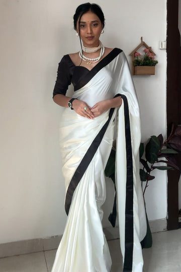 Adorable 1 Minute Ready To Wear White Satin Silk Saree